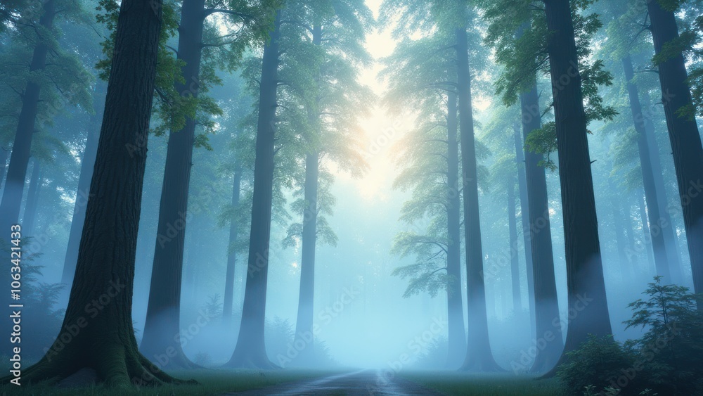 The sun is shining through a foggy forest The sun is shining through a foggy forest
