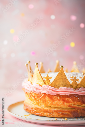 Epiphany kings cake with a golden paper crown