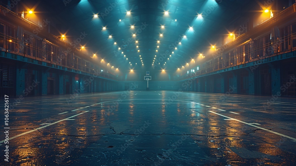 An indoor or outdoor basketball court with a ball in play An indoor or outdoor basketball court with a ball in play