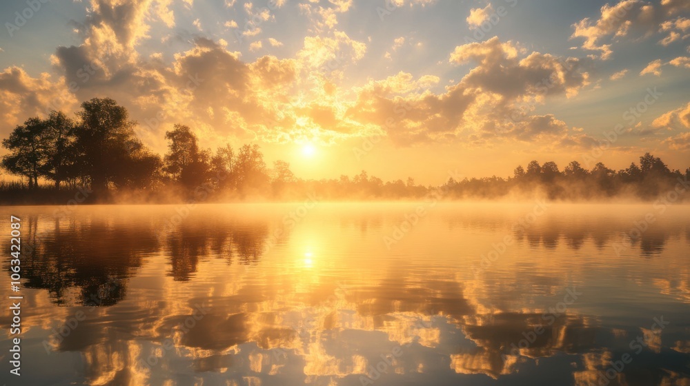 Fototapeta premium A breathtaking sunrise over a tranquil lake, with golden rays