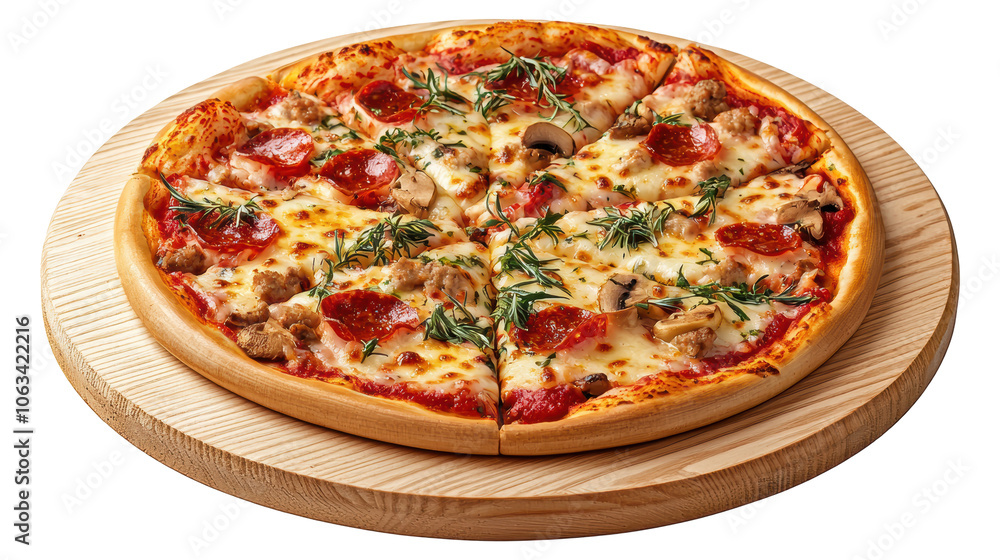 A pizza with pepperoni and mushrooms on a wooden board isolated on transparent or white background, png A pizza with pepperoni and mushrooms on a wooden board isolated on transparent or white background, png