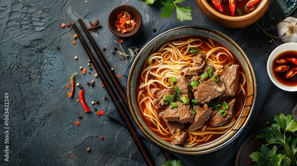 Authentic Asian noodle soup with rich flavors and tender meat, ideal for promoting hearty cuisine and traditional food recipes Authentic Asian noodle soup with rich flavors and tender meat, ideal for promoting hearty cuisine and traditional food recipes