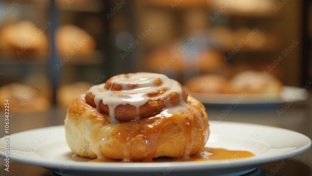 A plate of cinnamon rolls with caramel sauce on it A plate of cinnamon rolls with caramel sauce on it