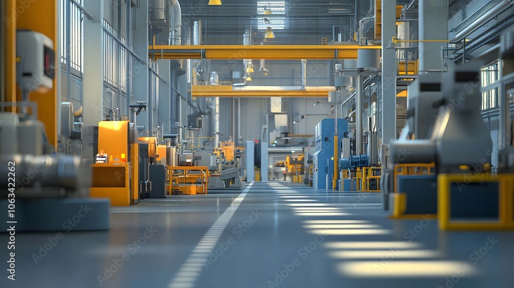 Industrial plant with separate lanes for electric and traditional machinery, emphasizing reduced emissions Industrial plant with separate lanes for electric and traditional machinery, emphasizing reduced emissions