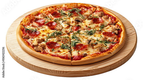 A pizza with pepperoni and mushrooms on a wooden board isolated on transparent or white background, png