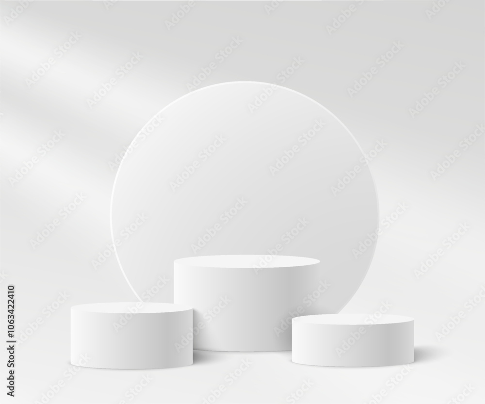 White circle podium and window light blur on white wall, pedestal and platform, column platform pillar, round empty stages and podium stairs 3d template for product presentation White circle podium and window light blur on white wall, pedestal and platform, column platform pillar, round empty stages and podium stairs 3d template for product presentation