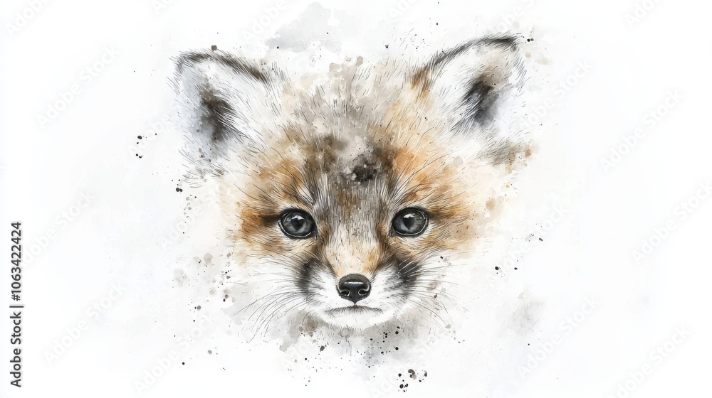 A captivating watercolor illustration of a young fox, showcasing its striking eyes and playful expression. A captivating watercolor illustration of a young fox, showcasing its striking eyes and playful expression.