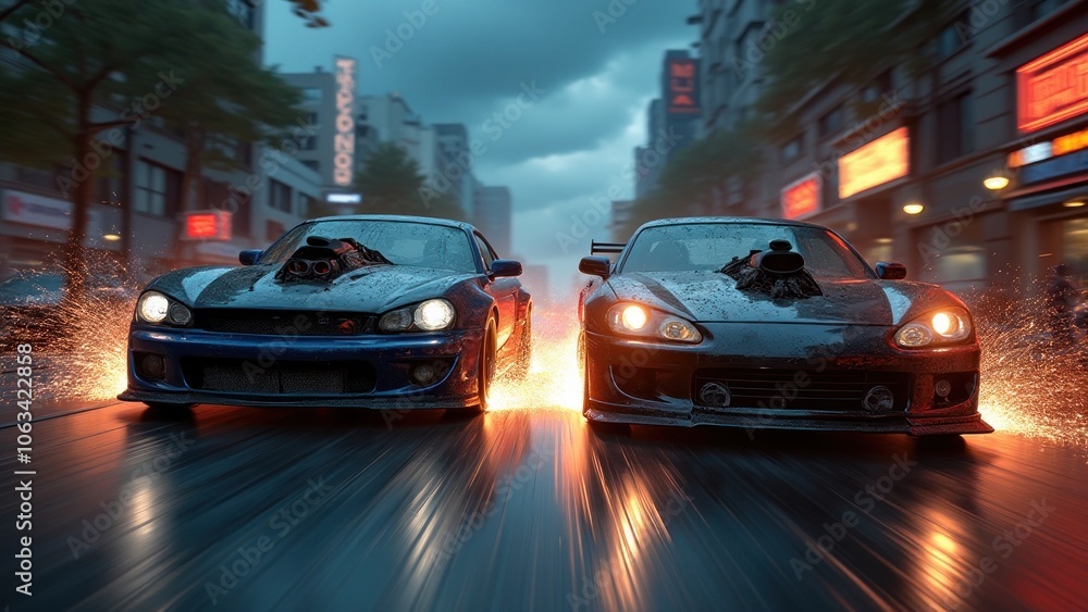Fototapeta premium Two cars are driving down a city street at night