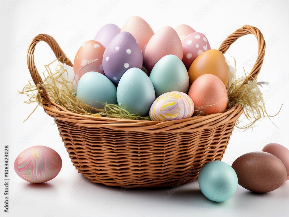 Easter basket filled with hand painted pastel Easter Eggs over a white background Easter basket filled with hand painted pastel Easter Eggs over a white background