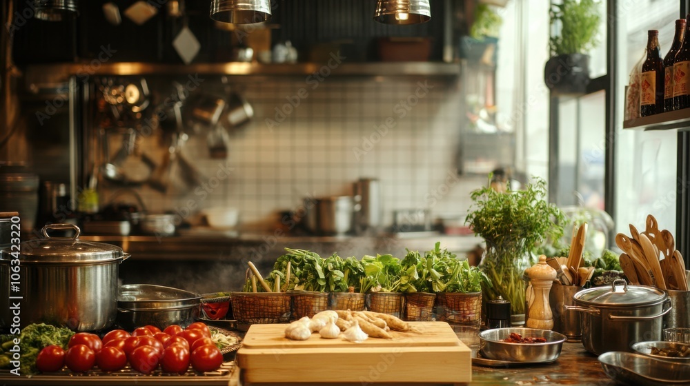 Chinese kitchen with traditional ingredients like ginger, garlic, soy sauce, and fresh vegetables Chinese kitchen with traditional ingredients like ginger, garlic, soy sauce, and fresh vegetables