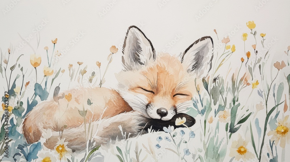 A serene painting of a sleeping fox surrounded by vibrant flowers, evoking peace and beauty in nature. A serene painting of a sleeping fox surrounded by vibrant flowers, evoking peace and beauty in nature.