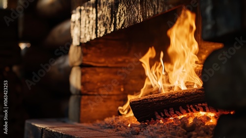 A close-up of flames dancing in a rustic fireplace, photo