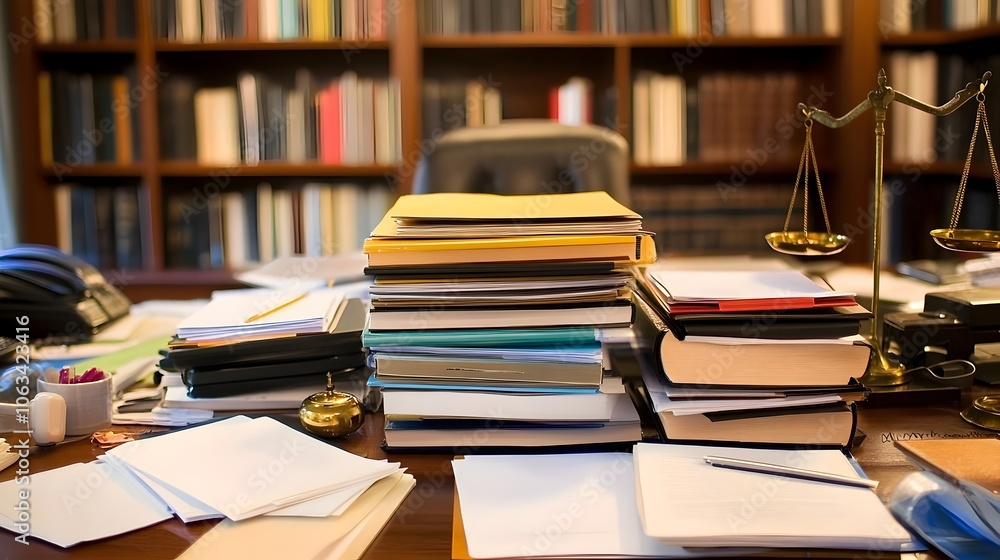 Lawyer's Desk with Open Case Files,Legal Documents and Scales in Legal Practice Environment Lawyer's Desk with Open Case Files,Legal Documents and Scales in Legal Practice Environment
