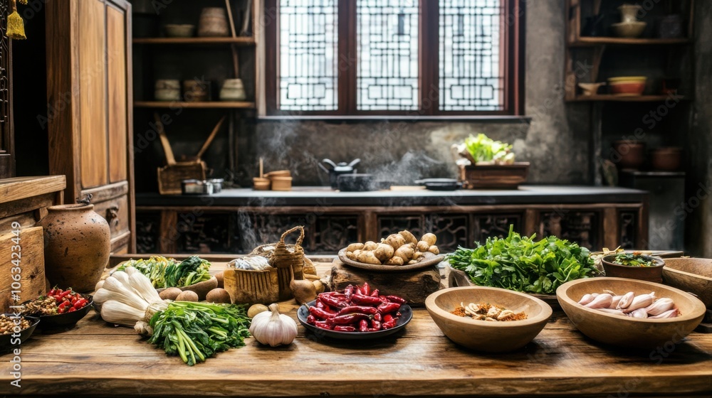 Chinese kitchen with traditional ingredients like ginger, garlic, soy sauce, and fresh vegetables Chinese kitchen with traditional ingredients like ginger, garlic, soy sauce, and fresh vegetables