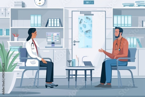 A news reporter interviewing a medical expert about the risks of long-term benzodiazepine use ,vectorline design , illustration