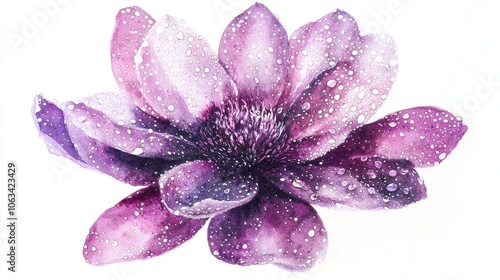 A stunning purple watercolor flower with delicate petals and droplets, perfect for adding beauty and elegance to any project.