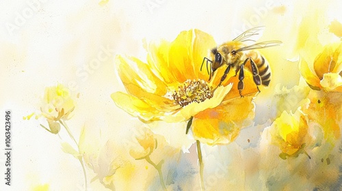 A vibrant bee pollinates a bright yellow flower, showcasing the beauty of nature in a soft watercolor style.