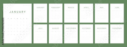 2025 Calendar, Vector Calender Template, 12 Month Planner with Sunday Start for 2025. Green Office and Home Design.