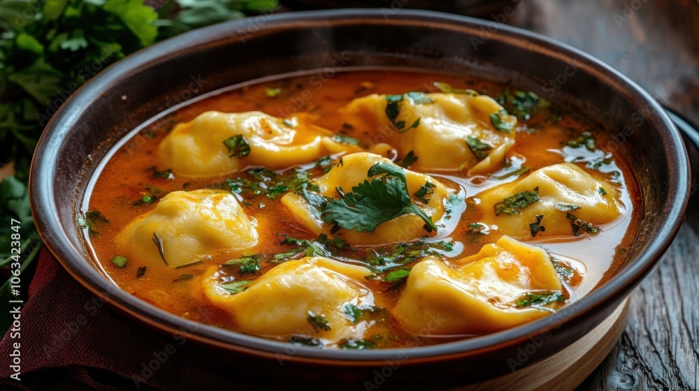 Chuchvara soup with dumplings in a rich, flavorful broth, garnished with fresh herbs in a traditional bowl. Chuchvara soup with dumplings in a rich, flavorful broth, garnished with fresh herbs in a traditional bowl.