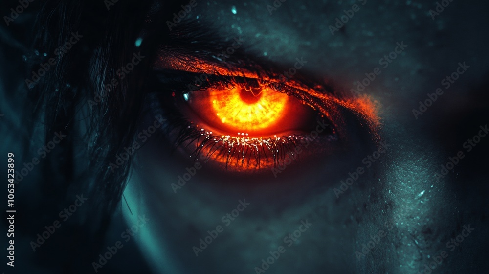 A close up of a person's eye with a bright orange glow