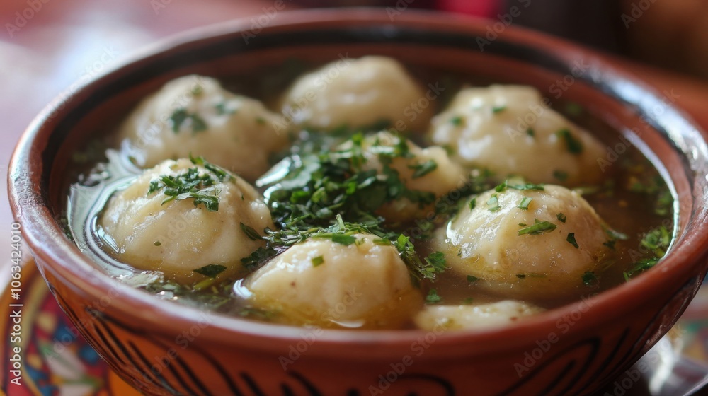Chuchvara soup with dumplings in a rich, flavorful broth, garnished with fresh herbs in a traditional bowl Chuchvara soup with dumplings in a rich, flavorful broth, garnished with fresh herbs in a traditional bowl