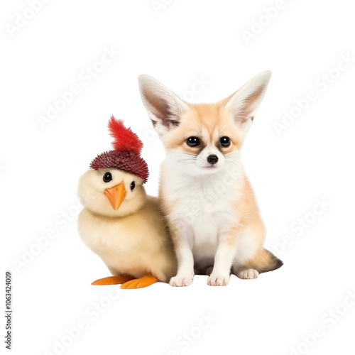 Adorable Fennec Fox and Baby Chick Sitting Together