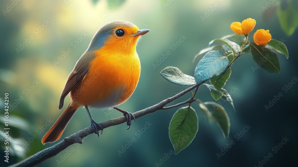 Obraz premium A bird is perched on a branch with a flower in front of it