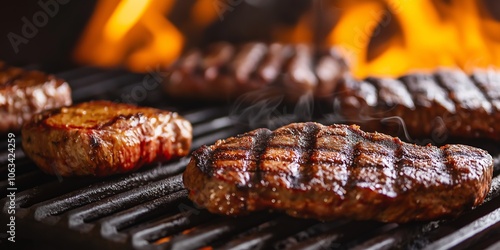 Juicy steaks being grilled to perfection over open flames, capturing the essence of a classic barbecue experience. photo