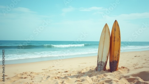 Two surfboards sit on the sand next to the ocean