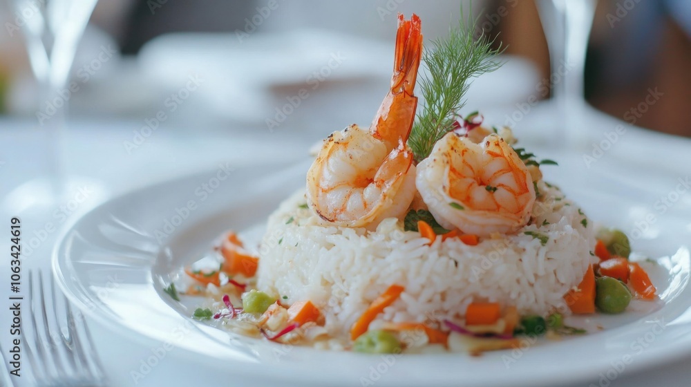 Dish of garlic shrimp and vegetables served with rice, elegantly garnished for a perfect presentation Dish of garlic shrimp and vegetables served with rice, elegantly garnished for a perfect presentation