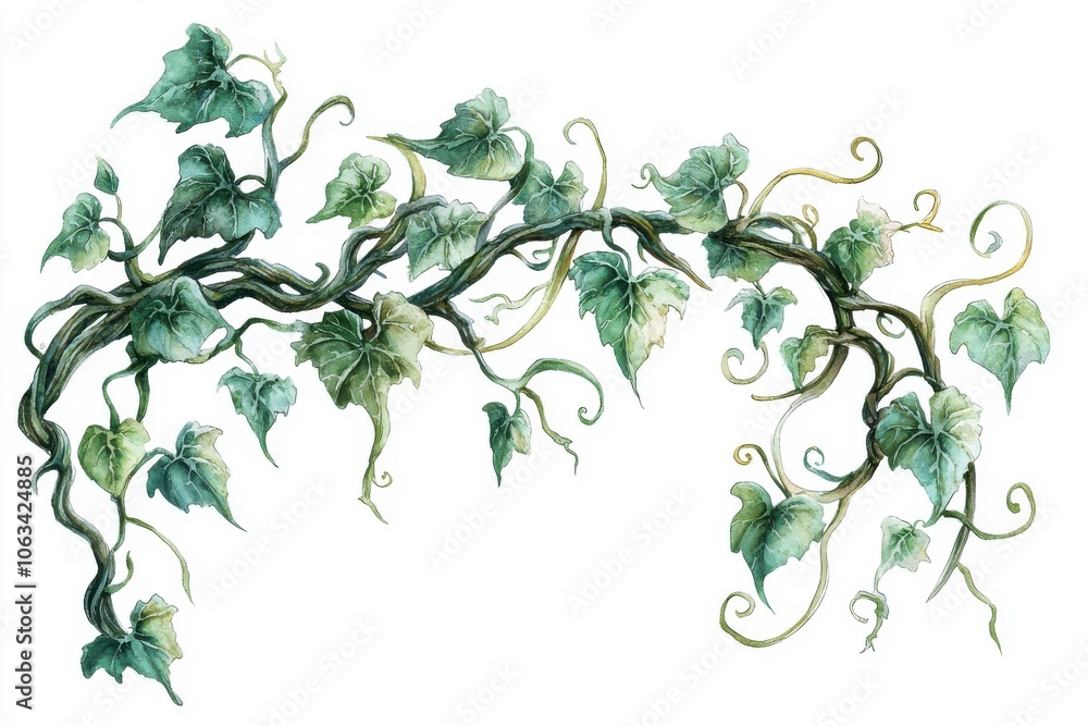 Intricate illustration of a vine adorned with green leaves, perfect for nature-themed designs or botanical projects. Intricate illustration of a vine adorned with green leaves, perfect for nature-themed designs or botanical projects.