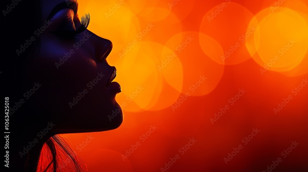 A silhouette of a woman's profile against a vibrant orange background, creating a striking contrast with soft bokeh effects. A silhouette of a woman's profile against a vibrant orange background, creating a striking contrast with soft bokeh effects.