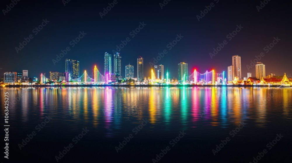 A vibrant temple festival with colorful lights reflecting in the Chao Phraya River A vibrant temple festival with colorful lights reflecting in the Chao Phraya River