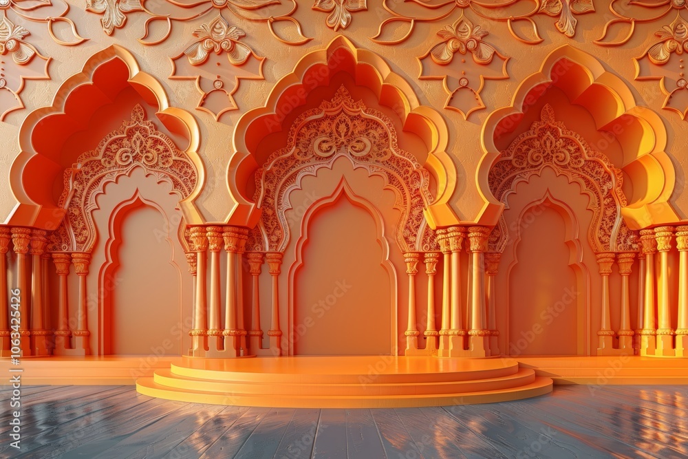 Obraz premium An elegant empty podium surrounded by intricate Ramadan ornaments, set against a minimalist backdrop that highlights the beauty of the season