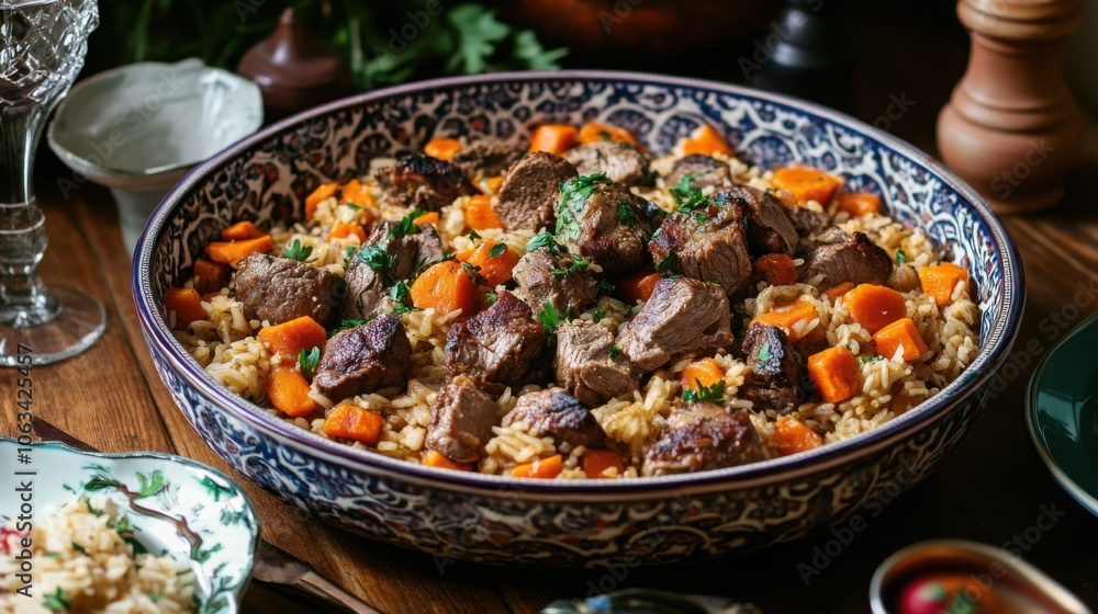 Traditional Uzbek plov served in a large, colorful ceramic dish, with chunks of lamb, carrots, and rice Traditional Uzbek plov served in a large, colorful ceramic dish, with chunks of lamb, carrots, and rice
