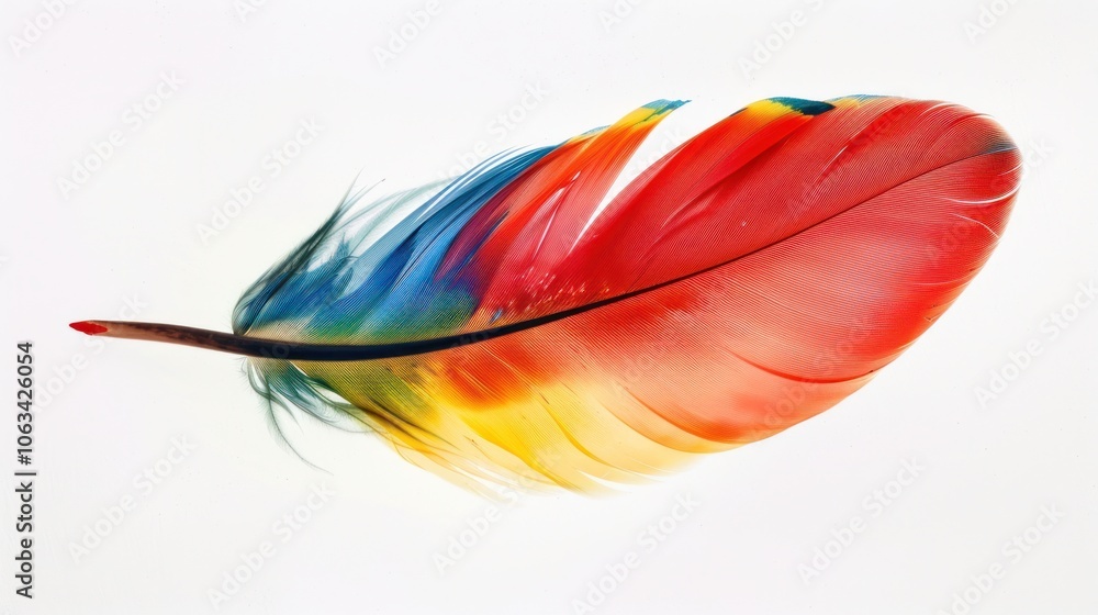Bright, colorful parrot feather floating against a white background with plenty of space for text, capturing the beauty of nature in vibrant hues Bright, colorful parrot feather floating against a white background with plenty of space for text, capturing the beauty of nature in vibrant hues