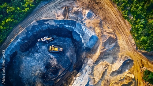 Aerial View of Open-Pit Coal Mining with Excavation Equipment and Visible Earth Layers