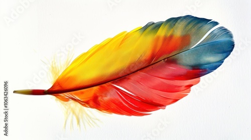 Bright, colorful parrot feather floating against a white background with plenty of space for text, capturing the beauty of nature in vibrant hues