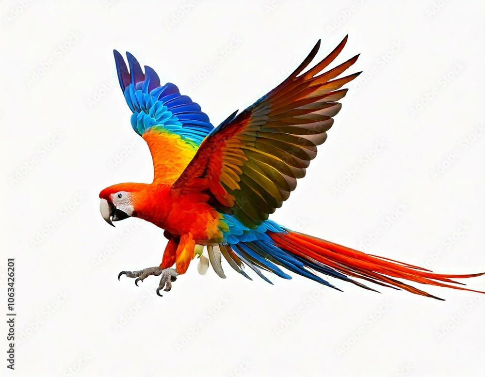 Fototapeta premium Colorful parrot in flight isolated on a white background.