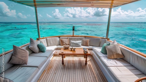 cabin cruiser with comfortable seating and a beautiful ocean backdrop