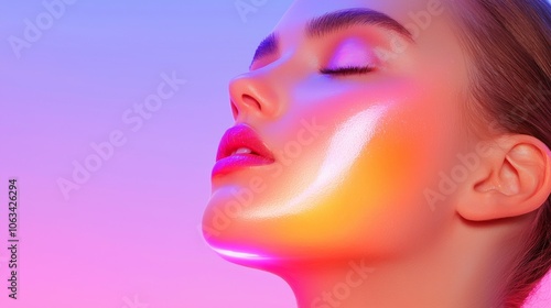 A close-up of a woman with glowing skin, highlighted features against a vibrant gradient background, showcasing radiant makeup and a serene expression.