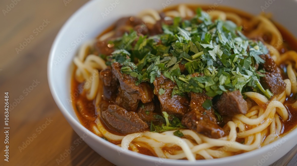 Uzbek noodles, lagman, with a rich, spicy sauce, beef, and vegetables, served with fresh herbs Uzbek noodles, lagman, with a rich, spicy sauce, beef, and vegetables, served with fresh herbs
