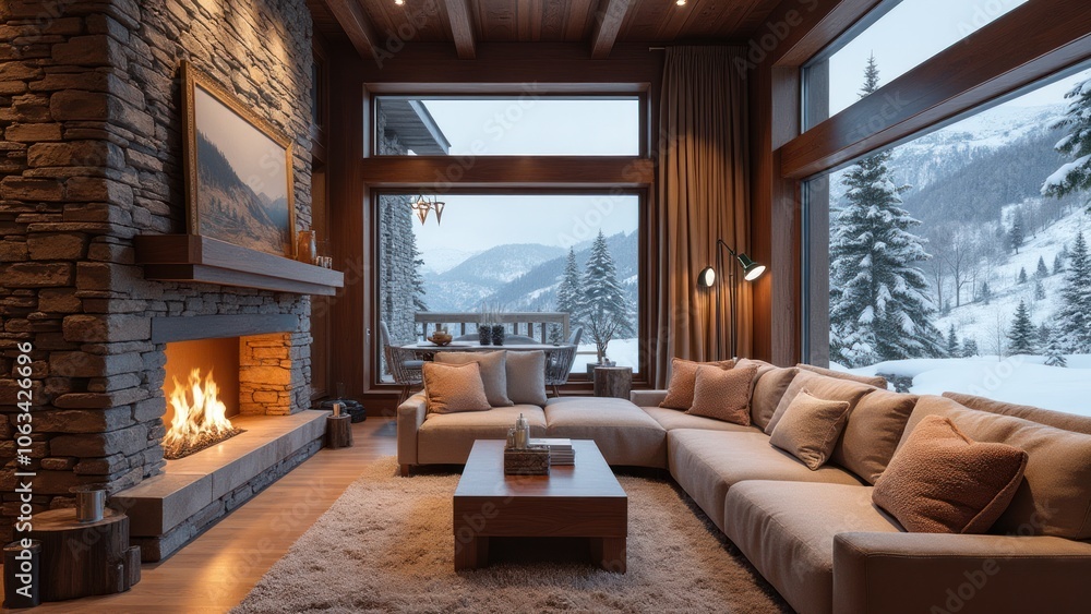 Fototapeta premium A living room with a fireplace and mountains in the background