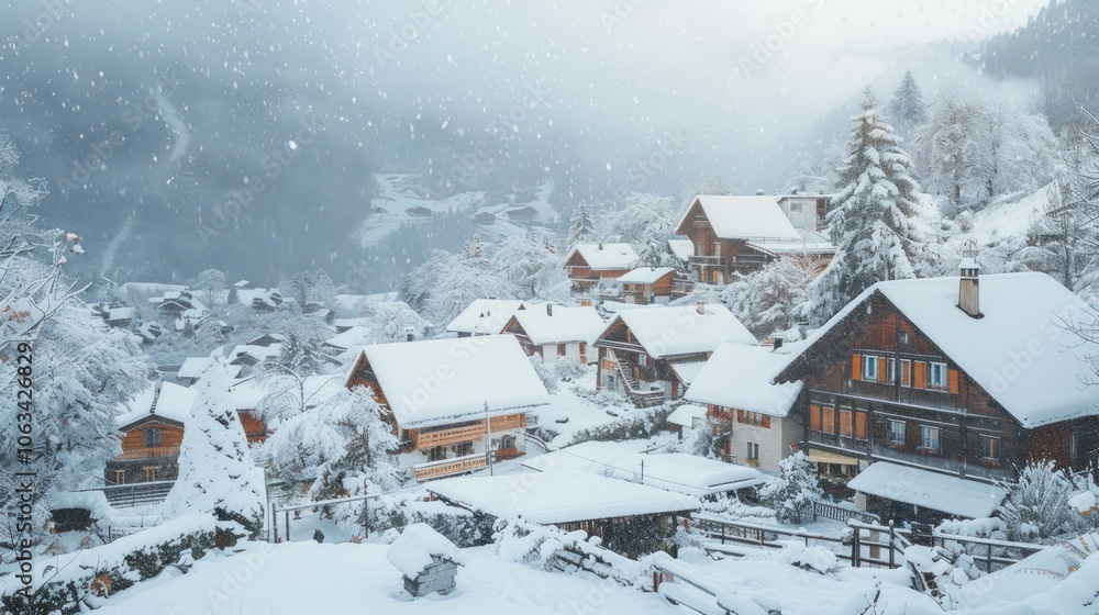 Charming alpine village with snow-draped rooftops and quaint chalets, creating a magical winter wonderland Charming alpine village with snow-draped rooftops and quaint chalets, creating a magical winter wonderland