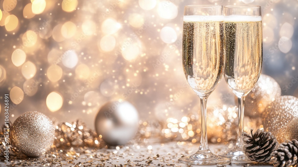 Festive and luxurious New Year's Eve scene with champagne flutes, metallic decorations, and glittering light. Christmas, New Year's Eve Festive and luxurious New Year's Eve scene with champagne flutes, metallic decorations, and glittering light. Christmas, New Year's Eve