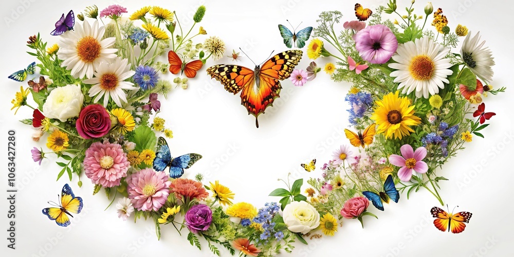 Heart shape filled with wildflowers and butterflies from above Heart shape filled with wildflowers and butterflies from above