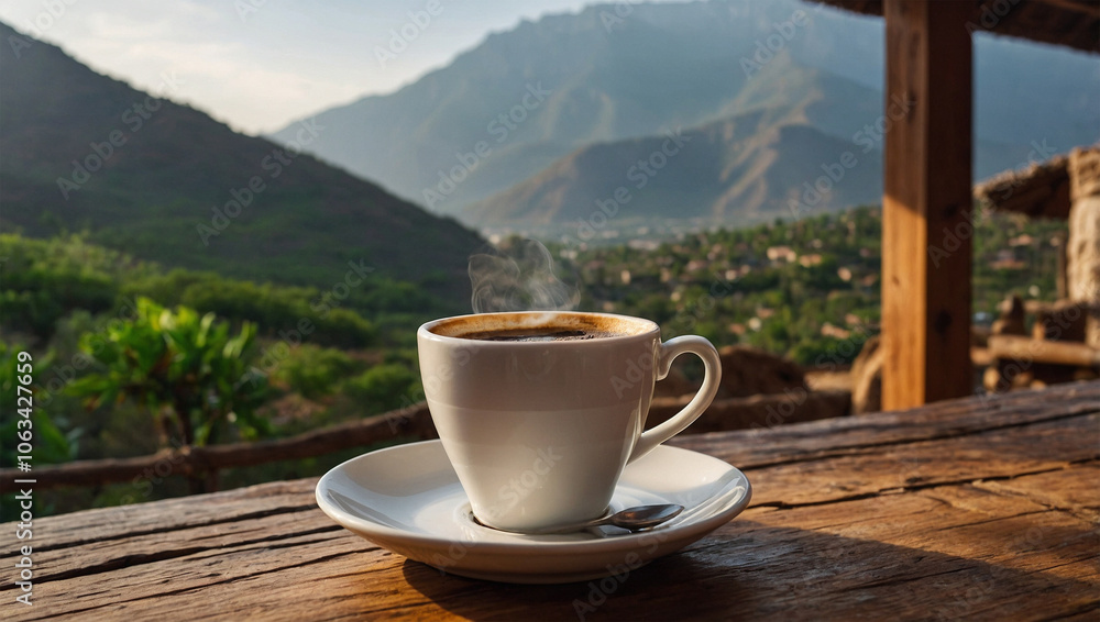 Freshly brewed cup of Arabica coffee on a wooden table, set against a scenic mountain backdrop in the morning. Freshly brewed cup of Arabica coffee on a wooden table, set against a scenic mountain backdrop in the morning.