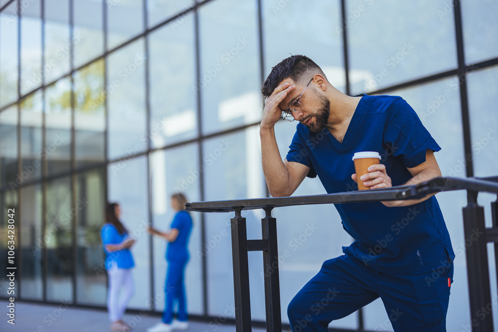 Exhausted Medical Professional Taking a Break with Coffee Exhausted Medical Professional Taking a Break with Coffee