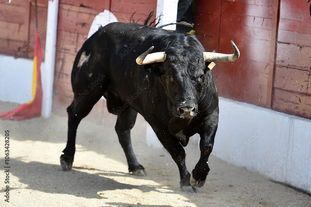 brave bull with big horns in a traditional spectacle of bullfight brave bull with big horns in a traditional spectacle of bullfight