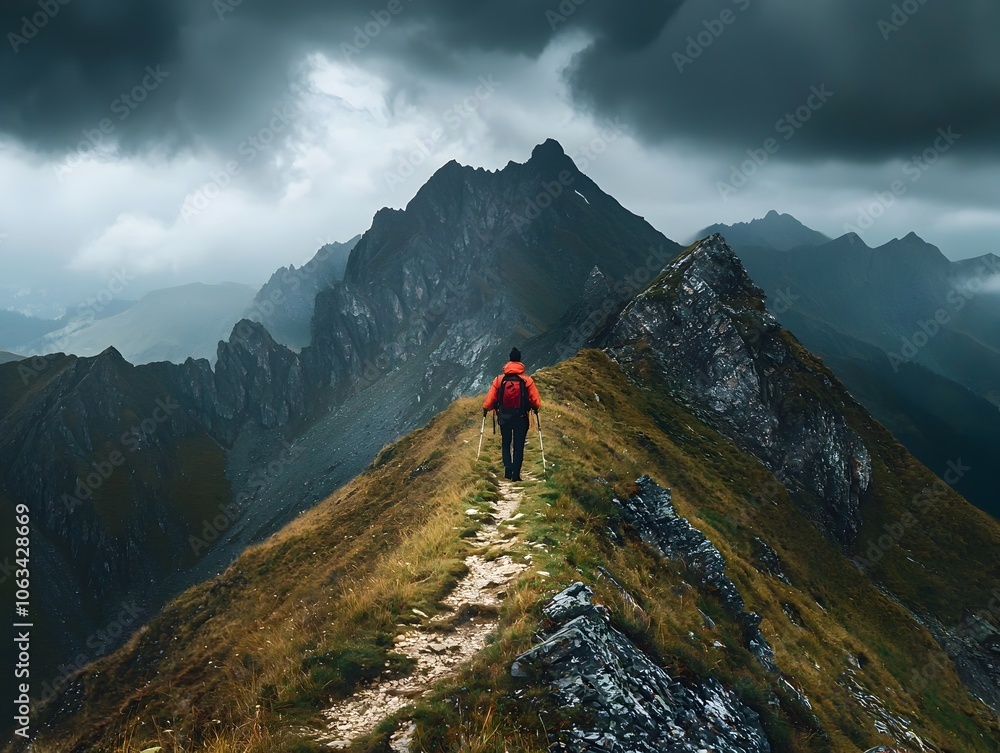 Fototapeta premium Hiker Traversing a Rugged Ridgeline Trail Amidst Stormy Mountainscape